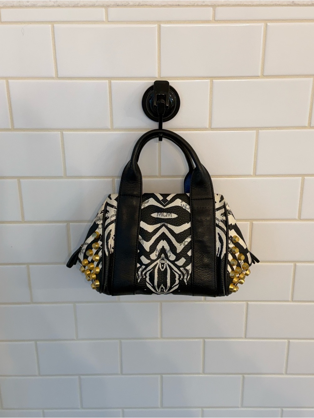 MCM Black & White Patterned Studded Satchel Bag